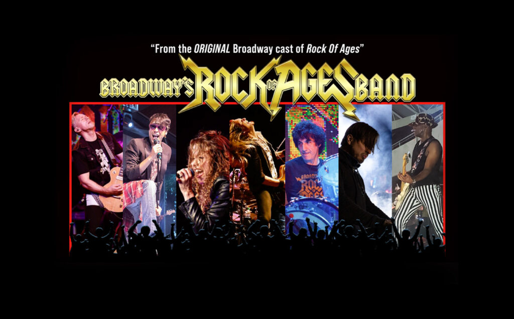 Key art for Broadway's Rock of Ages Band, with the text in 3D 80's rockband-style gold font and several musicians playing instruments.